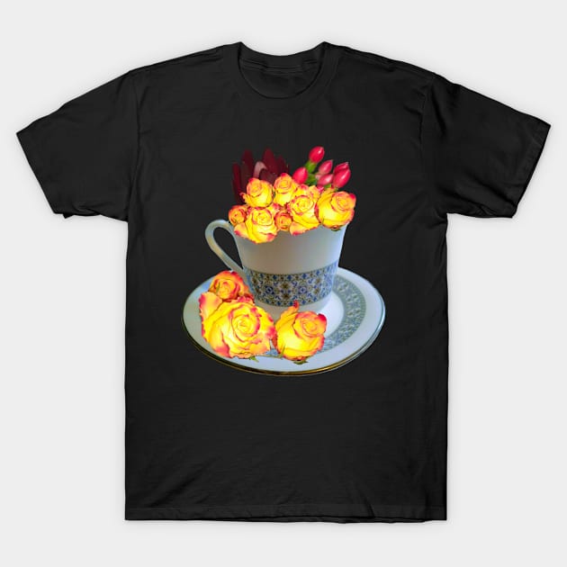 Flowers Neon roses dark - floral bouquet in fine china tea cup with saucer,  yellow roses with red tips T-Shirt by Artonmytee